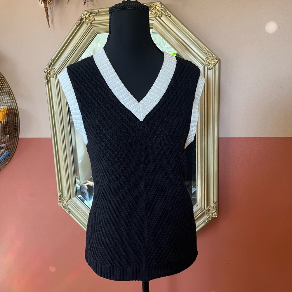 Talbots Black and White V-Neck Sweater Vest Cotton Linen blend